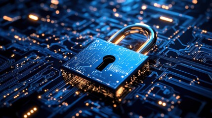 Metal padlock sits atop glowing blue electronic circuit board. Security concept with abstract lines and points. Data protection in cyberspace network.