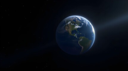 Wall Mural - Realistic Earth Planet in Space - Blue Globe with Continents North and South America - Sunlight Ray - Detailed View of World from Space in Dark Starry Universe