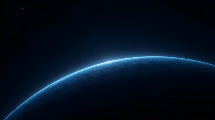 Wall Mural - Cinematic Space View of Blue Planet with Glowing Atmosphere Horizon in Dark Space