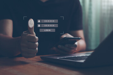 Aufkleber - Businessman thumb fingerprint scanning and biometric authentication, cyber security and digital password identity, future protection technology, 2FA secure account login two step factor verification.