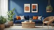 © Kashif 2158 - Cozy and Stylish Living Room with Blue Wall, Rattan Furniture, and Indoor Plants