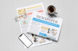 © Pixel-Shot - Different newspapers with glasses, mobile phone and cup of coffee on grey background
