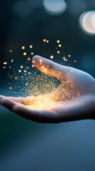 Poster - Open hand holding shimmering golden particles, surrounded by blurred lights creating a magical, dreamy atmosphere filled with wonder