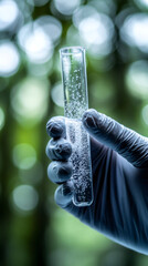 Poster - Scientist wearing protective glove gripping glass test tube with bubbling chemical solution during research in sterile laboratory environment