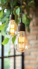 Poster - Vintage light bulbs glowing softly, suspended near window with blurred green foliage, creating cozy, nostalgic atmosphere