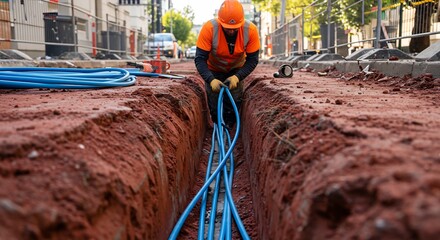 Worker carefully lays vibrant blue cables in trench. AI Generated