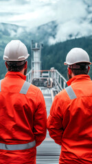 Aufkleber - Engineers in hardhat, orange jumpsuit examining machinery amid mountain forest industrial landscape