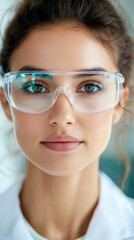 Poster - Portrait of a young female scientist wearing protective glasses and diligently working in a laboratory, engaged in innovative research