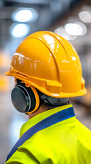 Aufkleber - Engineer wearing hearing protection and a hardhat, working diligently in a factory or warehouse environment focused on safety and production
