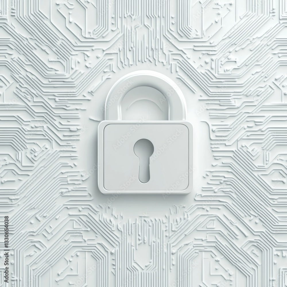 White circuit board with central lock symbolizing digital security and technology integration