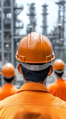 Aufkleber - Industrial workers wearing orange safety gear standing near manufacturing facility