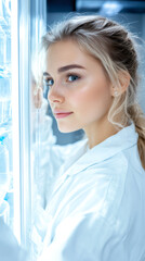 Fototapete - Female scientist examining refrigerated samples, focused research process in sterile laboratory environment