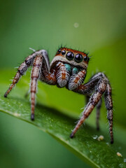 Wall Mural - Super macro of a jumping spider with prey on a green leaf.