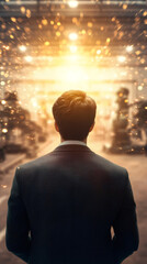 Poster - Businessman gazing at bright light illuminating factory warehouse, surrounded by advanced machinery, symbolizing hope and future potential