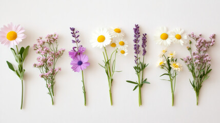Aufkleber - Colorful wildflowers and daisies creating delicate, minimalist pattern spreading across pristine white backdrop