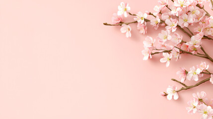 Poster - Cherry tree blossom branches lying on a pastel pink background creating a delicate spring feeling with copy space