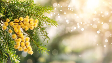 Poster - Mimosa branch bursting with bright yellow blossoms, delicate flowers glowing against soft, sunlit background