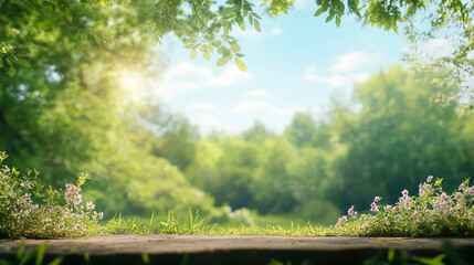 Aufkleber - Empty wooden table with pink flowers and green grass overlooking a sunlit forest, perfect for displaying products