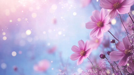 Aufkleber - Delicate pink cosmos flowers softly blossoming, creating dreamy landscape with blurred, ethereal background