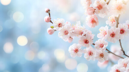 Fototapete - Pink and white cherry blossoms adorning branch, delicate petals unfolding against blurred soft blue springtime backdrop