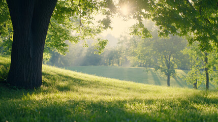 Aufkleber - Sunlight filtering through verdant trees, casting dappled shadows across peaceful greenery in scenic woodland landscape