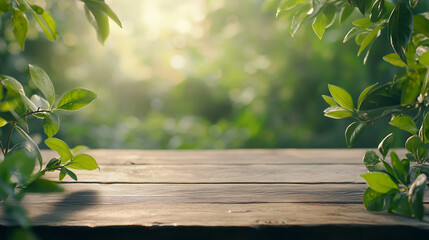 Aufkleber - Wooden table nestled among greenery, sunlight streaming through leaves, casting soft, dappled shadows on rustic surface