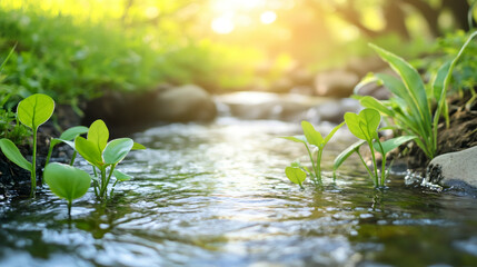 Poster - Small river with clear water flowing in nature with green plants growing on the shore and warm sunlight