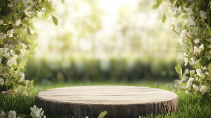 Aufkleber - Wooden podium standing amid spring blossoms, ready for product display in lush garden setting
