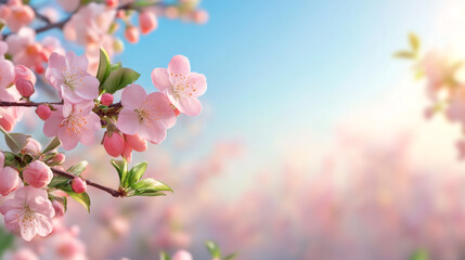 Poster - Pink flowers blooming on branch against blue sky in springtime, creating a beautiful natural background with copy space