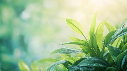 Aufkleber - Green leaves are growing in nature with sunlight and water drops, creating a fresh and vibrant scene