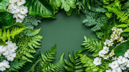 Poster - Verdant foliage framing delicate white blossoms against deep green backdrop, providing clean botanical composition with negative space