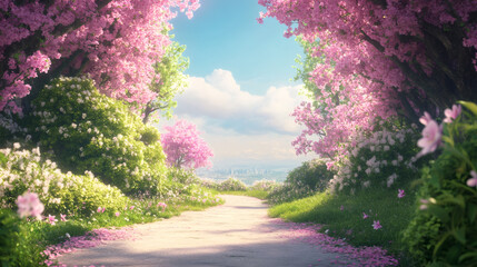Aufkleber - Winding path through blossoming trees leading toward urban skyline during vibrant spring scenery