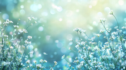 Poster - Delicate white wildflowers blanketing meadow, soft sunlight filtering through petals, creating serene pastoral landscape with gentle bokeh background