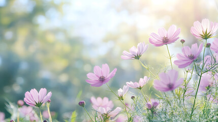 Fototapete - Beautiful pink cosmos flowers are blooming in the garden with sunlight and blurred background