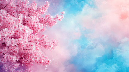 Fototapete - Soft pink cherry blossoms flowering against pastel blue sky, revealing delicate spring beauty and serene landscape mood