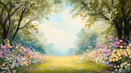 Aufkleber - Beautiful painting of a clearing in a forest full of colorful wildflowers, creating a peaceful and idyllic scene