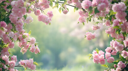 Fototapete - Delicate pink blossoms and verdant leaves forming heart silhouette, soft bokeh background highlighting romantic botanical composition