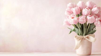 Poster - Light pink double tulips in a vase decorated with a bow on a pink background with copy space