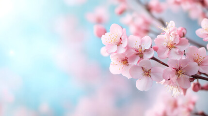 Poster - Beautiful pink cherry blossoms blooming on a tree branch against a soft blue sky, capturing the essence of spring and renewal