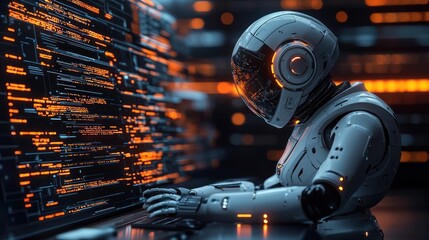 Futuristic robot coding at a large screen.