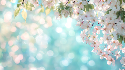 Fototapete - White cherry tree flowers blooming on branch with blurred bokeh background in spring time