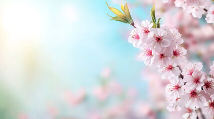 Fototapete - Pink-flowering cherry branch displaying springtime blossoms, highlighting delicate floral beauty against soft background