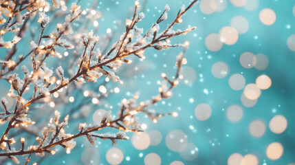 Aufkleber - Snowy tree branches sparkling with string lights, soft snowflakes drifting against blurred background creating enchanting winter scenery