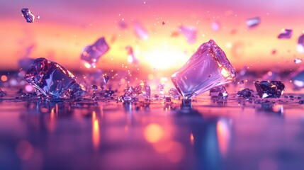 Wall Mural - Shattered crystals falling at sunset, reflecting light