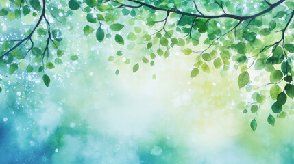 Aufkleber - Green leaves dangling from branch, watercolor rendering with soft bokeh background, conveying tranquil natural essence