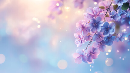 Aufkleber - Delicate pink and purple blossoms adorning branch, soft bokeh background evoking romantic, ethereal garden scene