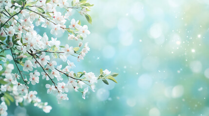 Poster - White cherry blossoms flowering on delicate branches, soft bokeh backdrop highlighting spring's ethereal beauty and natural elegance