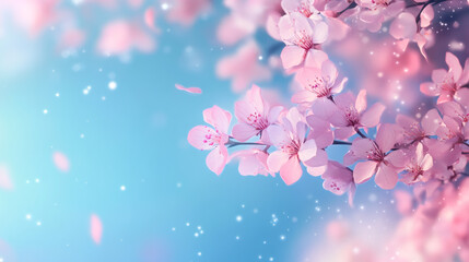 Aufkleber - Blossoming cherry tree with soft pink petals falling against vibrant blue sky, creating ethereal spring landscape with dreamy bokeh lighting