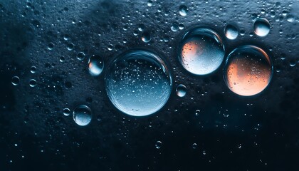 Large bubbles float amidst smaller ones on a dark surface