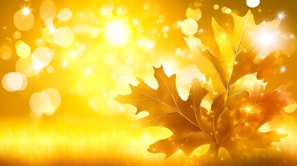 Wall Mural - Illuminated leaves with a warm golden glow and bright shimmering effects